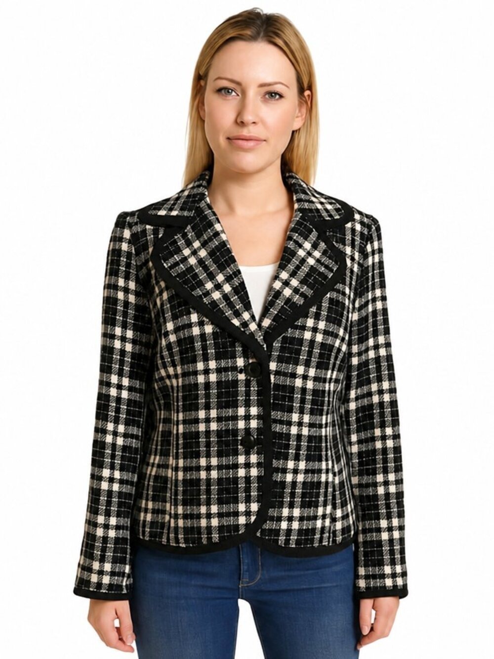 Karen Kane Black & White Plaid Wool Blend Jacket Blazer Size 12